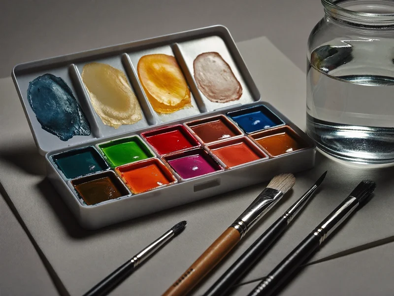 Offener Aquarellkasten mit Farbnäpfchen, Pinseln und Wasserglas auf Baumwollpapier